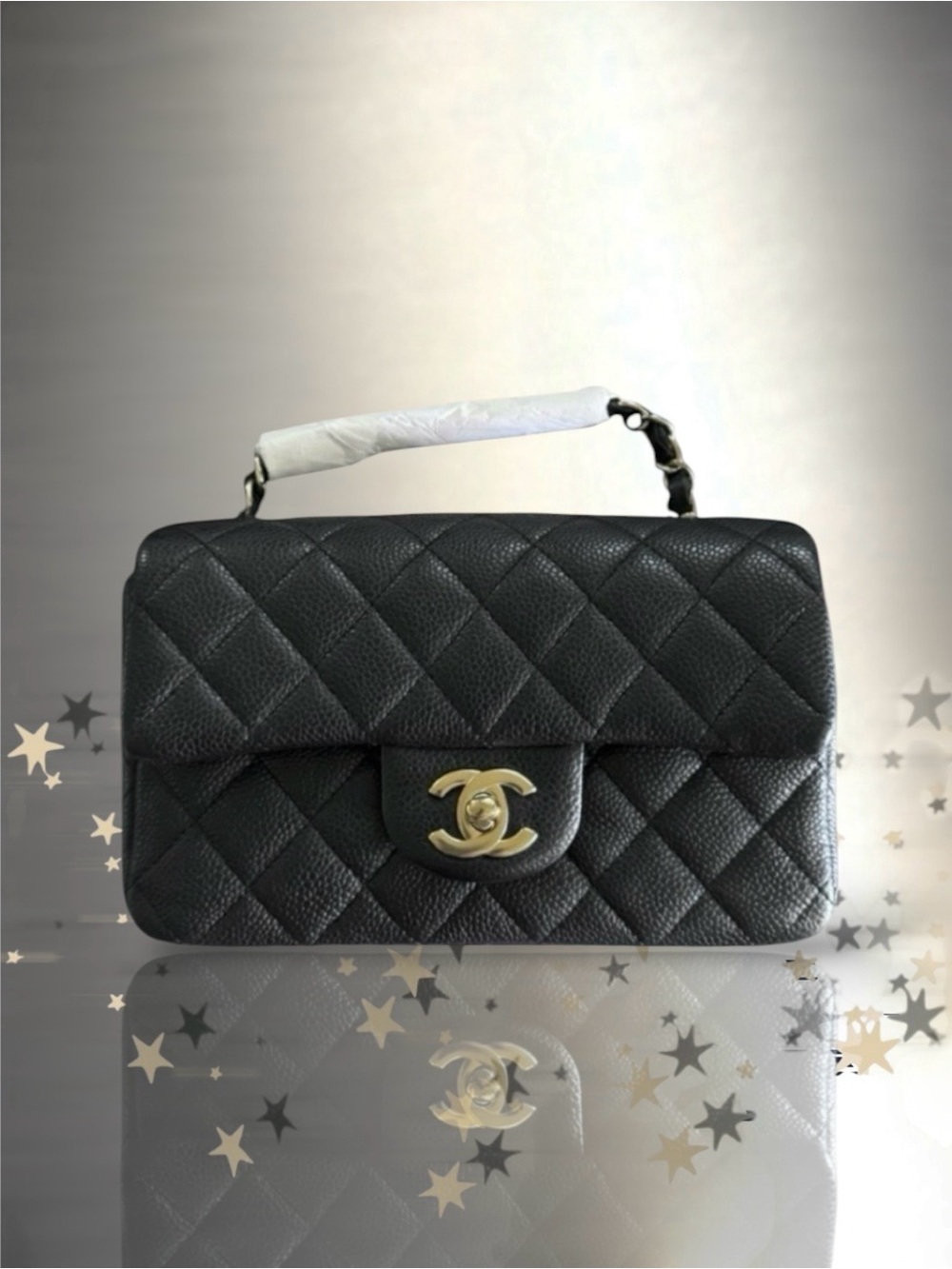 💞CHANEL BLACK CAVIAR Rectangular Mini Single Flap Aged Gold-Tone Hardware RARE!